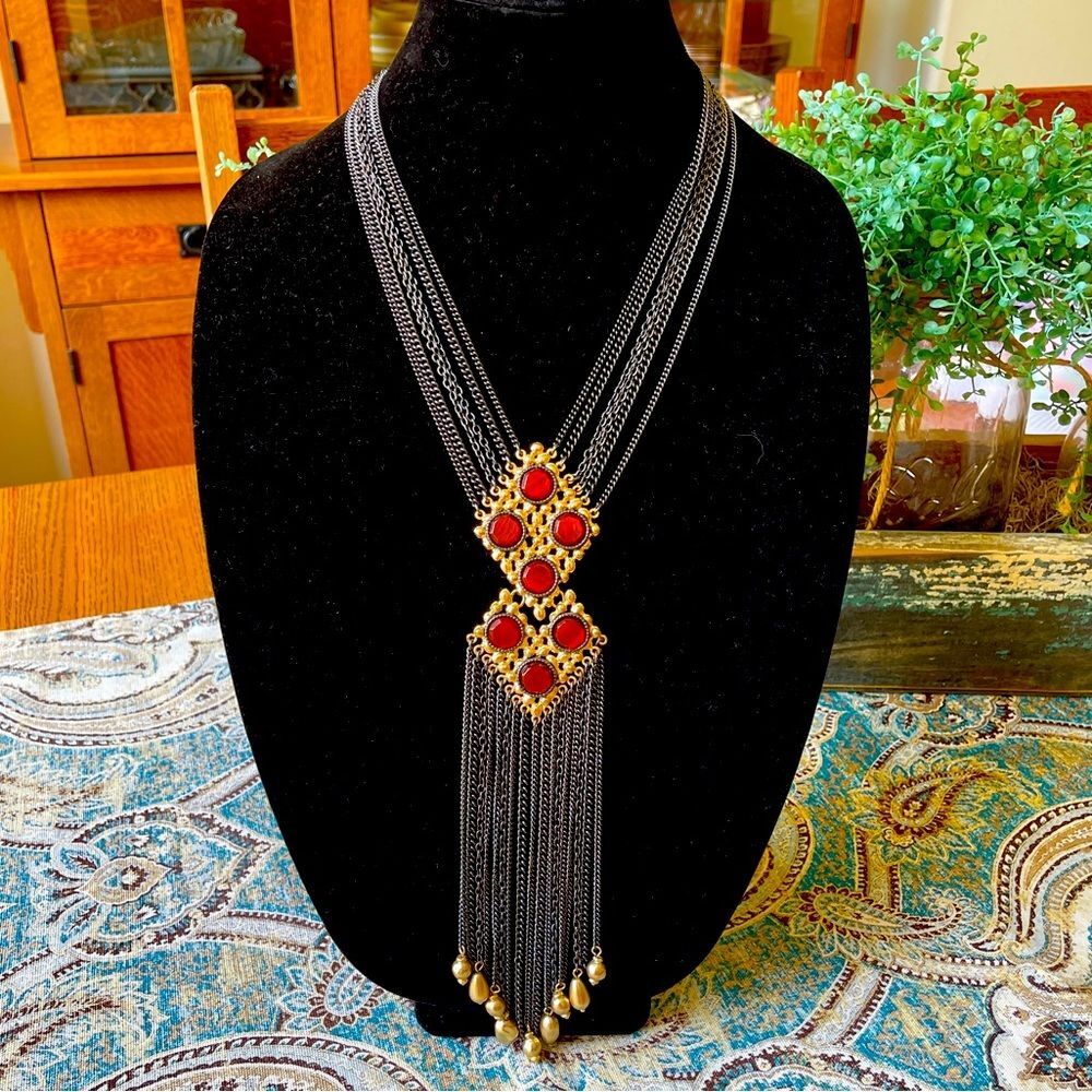 Chico's Petra Necklace Black Chain Gold Tone Red Stone Fringe Bib Long Drop